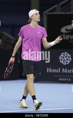 Sofia, Bulgarie - 10 novembre 2020 : le canadien Denis Shapovalov réagit lors de son ATP 250 Sofia Open match contre le moldave Radu Albot, Sofia, Bulgari Banque D'Images