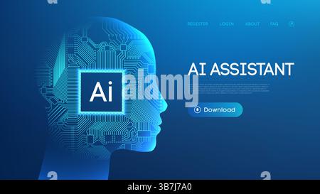 AI robot arrière-plan tech bot circuit chip Technology chatbot chat. Conception d'interface vectorielle 3D de concept d'intelligence artificielle humaine. Logiciel numérique Illustration de Vecteur