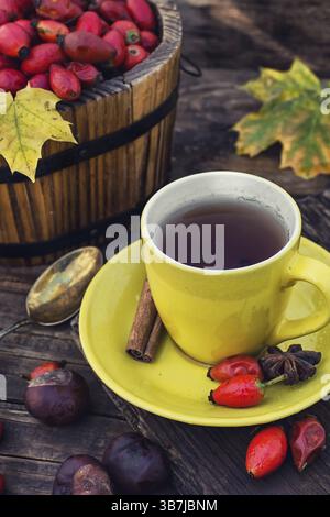 Nature morte avec tasse de thé jaune, sipontum, feuilles et châtaignes Banque D'Images
