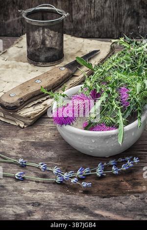 Assemblé le rendement séché herbes de guérison médecine traditionnelle et mortier en céramique Banque D'Images