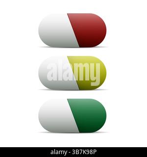 Pilules médicales pharmaceutiques ovales réalistes douces, comprimés, vitamines, ensemble de capsules. Icônes vectorielles peintes aux couleurs des feux de circulation. Illustration de Vecteur