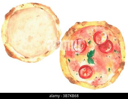 Pizza italienne ronde avec tomates, sauce et basilic. Base de pizza ronde. Illustration isolée à l'aquarelle dessinée à la main. Pour l'impression sur menus, livraison, réf Banque D'Images