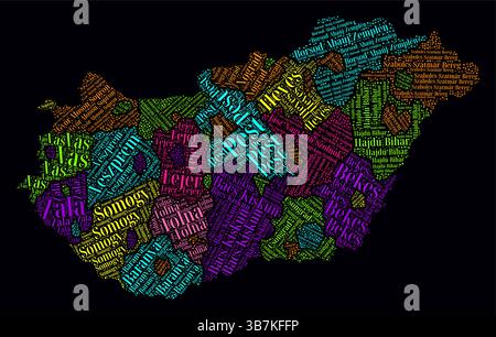 Nuage de mots Hongrie. Noms de région du pays en hongrois. Design de style néon lumineux sur un fond sombre. Illustration de Vecteur