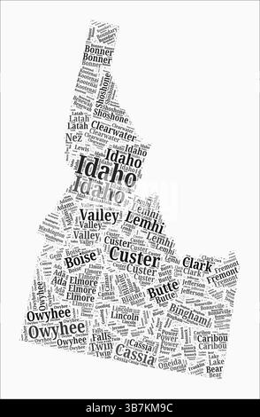 Comtés de style de texte de l'Idaho. La région d'état nomme les nuages de mots en anglais. Belle illustration vectorielle. Illustration de Vecteur