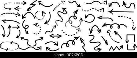 Grande collection de flèches au crayon dessinées à la main de charbon. Illustration de Vecteur