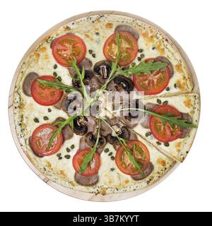 Pizza fraîche isolée sur blanc Banque D'Images