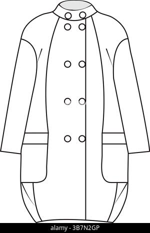 Croquis mode plat d'un manteau surdimensionné croisé – dessin au trait vue de face Illustration de Vecteur