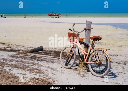 Holbox, Mexique – 10 février 2025 : un vélo de croisière classique avec un panier rouge se dresse sur le sable blanc immaculé d’Isla Holbox, face à la turquoise Banque D'Images
