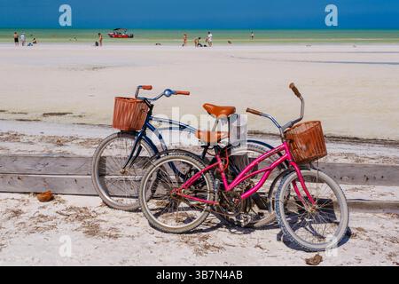 Isla Holbox, Mexique – 10 février 2025 : un groupe dynamique de vélos de plage avec des paniers stationnés sur le sable blanc de l'île Holbox, face au t Banque D'Images