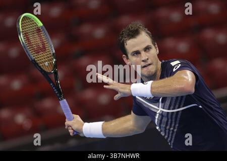 Sofia, Bulgarie - 10 novembre 2020 : le canadien Vasek Pospisil en action contre l'Allemand Jan-Lennard Struff lors de l'ATP 250 Sofia Open, Sofia, Bulg Banque D'Images