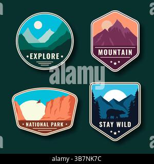 Ensemble de quatre badges d'aventure avec montagnes, forêt, ours et canyon. Image de marque extérieure et design de voyage Illustration de Vecteur