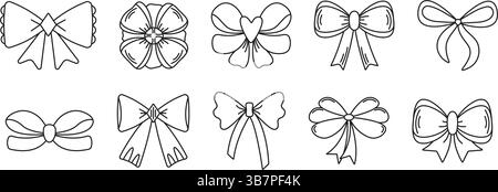 Ensemble d'icônes d'arc de ligne noire, signes monochromes vectoriels dans différentes variations, collection festive simple bowknot doodle avec des traits modifiables Illustration de Vecteur