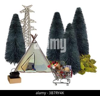 Tente de camping sans-abri et sac de couchage pour camper dans la nature sauvage parmi les arbres et les lignes électriques que la nature est prise en charge par l'homme Banque D'Images