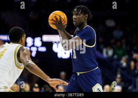 14 février 2024 : L'attaquant de Georgia Tech Baye Ndongo (11 ans) cherche à passer le ballon lors d'un match de basket-ball de la NCAA entre les vestes jaunes Georgia Tech et les Fighting Irish de notre Dame au Pavillon Purcell au Joyce Center à South Bend, Indiana. John Mersits/CSM. (Crédit image : © John Mersits/CSM via ZUMA Press Wire) Banque D'Images