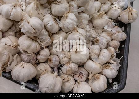 Pile d'ail blanc frais biologique sur le présentoir Banque D'Images