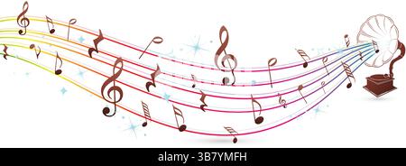 notes de musique abstraites ondes sonores avec gramophone arrière-plans blancs isolés pour flyer, bannière, compagnie d'affiche, site web d'en-tête, couvertures, présentation Illustration de Vecteur