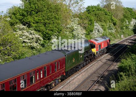 Locomotive diesel DB classe 66 N° 66117 remorquant la locomotive A3L classe 60103 'Flying Scotsman' de York NRM à Didcot Great Western Society, à Shrewley Banque D'Images