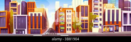 Carrefour de ville avec bâtiments et route. Illustration vectorielle de dessin animé de l'architecture moderne à l'intersection urbaine, gratte-ciel de bureau, magasin, maisons d'appartements, arrêt de bus en ville, conception de métropole Illustration de Vecteur
