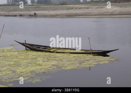 Vieux bateau en bois en décomposition se trouve partiellement submergé dans une rivière au milieu de denses fleurs d'algues vertes. Une journée grise sereine complète l'apparence altérée o Banque D'Images
