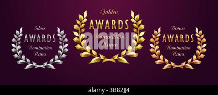 Ensemble de branches rondes vintage audacieuses, récompenses créatives, récompense le concept de couronne 3D. Dégradés métalliques brillants d'or, d'argent et de bronze. Médaille ou badge eleme Illustration de Vecteur