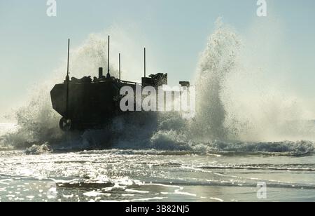 Un véhicule de combat amphibie du corps des Marines des États-Unis pénètre dans l'océan sur le camp de base du corps des Marines Lejeune, Caroline du Nord, le 27 mars 2025. U.S. Marines et Banque D'Images