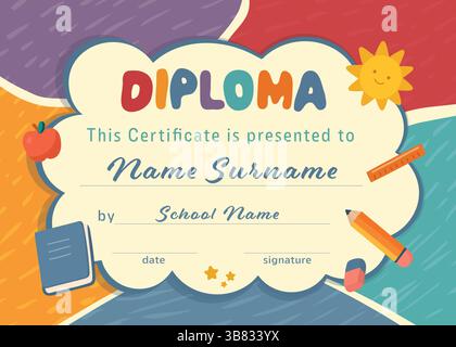 Modèle de certificat de diplôme de maternelle avec le soleil de fournitures scolaires de nuage et fond coloré Illustration de Vecteur