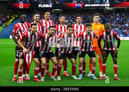 Photo du dossier datée du 10-04-2025 de (de l'arrière vers l'avant, de gauche à droite) Athletic Bilbao's Inaki Williams, Oihan Sancet, Maroan Sannadi, Yeray Alvarez, Dani Vivian, le gardien de but Julen Agirrezabala, Oscar de Marcos, Inigo Lekue, Inigo Ruiz de Galarreta, Mikel Jaureguizar et Nico Williams. L'athlétique Bilbao a subi un triple coup de blessure avant la deuxième étape de leur demi-finale de l'Europa League contre Manchester United avec Nico et Inaki Williams plus le meilleur buteur Oihan Sancet tous écartés. Date d'émission : mercredi 7 mai 2025 Banque D'Images