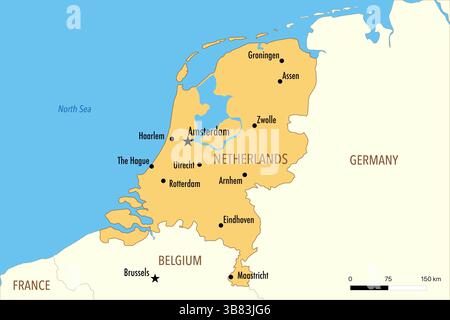 Carte des pays-Bas avec les grandes villes et les pays voisins Banque D'Images