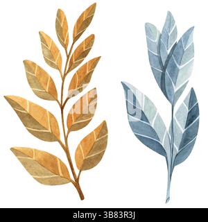 Ensemble aquarelle de branches d'arbre stylisées dans des tons jaunes et bleus contrastés. Parfait pour les conceptions abstraites de la nature, compositions modernes, déco saisonnière Banque D'Images