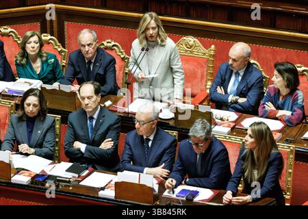 Rome, Italie. 07 mai 2025. La première ministre Giorgia Meloni lors de l'heure des questions au Sénat, Rome, le mercredi 7 mai 2025 (photo de Roberto Monaldo/LaPresse) crédit : LaPresse/Alamy Live News crédit : LaPresse/Alamy Live News Banque D'Images