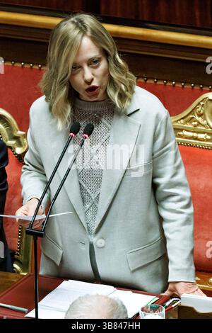 Rome, Italie. 07 mai 2025. La première ministre Giorgia Meloni lors de l'heure des questions au Sénat, Rome, le mercredi 7 mai 2025 (photo de Roberto Monaldo/LaPresse) crédit : LaPresse/Alamy Live News crédit : LaPresse/Alamy Live News Banque D'Images