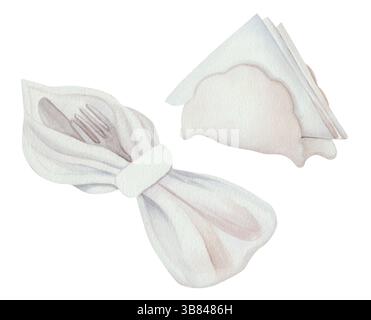 Ensemble aquarelle de porte-serviette en céramique, fourchette et couteau enveloppé dans une serviette souple. Illustration élégante de réglage de table sur fond blanc. Idéal pour la décoration de cuisine et les projets de conception de salle à manger Banque D'Images