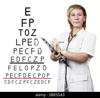 Femme médecin près de la vue graphique de test sur fond blanc Banque D'Images