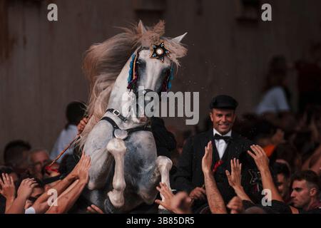 23 juin 2024, Ciutadella de Menorca, Îles Baléares, Espagne : un 'caixer' (cavalier) se lève sur son cheval entouré d'une foule enthousiaste pendant le 'Caragol des Born' (défilé équestre) à la veille du traditionnel 'Sant Joan' (Saint Jean) festival. (Crédit image : © Matthias Oesterle/ZUMA Press Wire) Banque D'Images