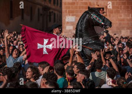 23 juin 2024, Ciutadella de Menorca, Îles Baléares, Espagne : le 'caixer fabri' (porteur de drapeau) se lève sur son cheval entouré d'une foule enthousiaste pendant le 'Caragol des Born' (défilé de chevaux) à la veille du traditionnel 'Sant Joan' (Saint Jean) festival. (Crédit image : © Matthias Oesterle/ZUMA Press Wire) Banque D'Images