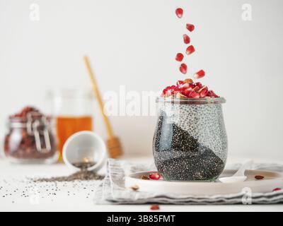 Petit-déjeuner sain concept et idée - deux couleurs chia pudding avec les matières premières organiques grenade. Bocal en verre avec du charbon noir et blanc lait vegan chia pud Banque D'Images