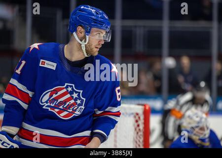 21 février 2024 : le défenseur américain de Rochester, Riley Stillman (61 ans), patine en première période contre les sénateurs de Belleville. Les Américains de Rochester ont accueilli les sénateurs de Belleville dans un match de la Ligue américaine de hockey au Blue Cross Arena de Rochester, New York. (Jonathan Tenca/CSM) (image crédit : © Jonathan Tenca/CSM via ZUMA Press Wire) Banque D'Images