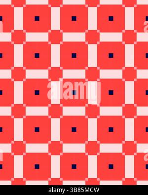 Un motif vibrant présente des carrés rouges et roses imbriqués avec des accents bleu foncé, créant un effet visuel vivant. Banque D'Images