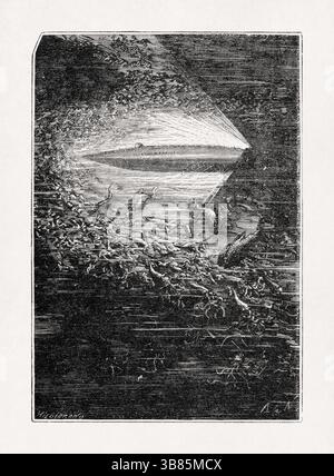 Illustration par Alphonse de Neuville représentant le Nautilus en cours de submersion à travers une école de calmars du livre 'Twenty Thousand Leagues Under Banque D'Images