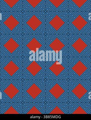 La conception géométrique complexe affiche des motifs en zigzag bleus disposés en forme de losange sur un fond rouge vif, créant une profondeur visuelle. Banque D'Images