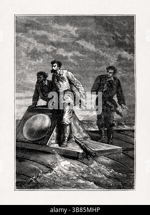 Illustration par Alphonse de Neuville représentant le capitaine Nemo, son lieutenant et le professeur Aronnax sur la plate-forme du Nautilus tirée du livre 'Twent Banque D'Images