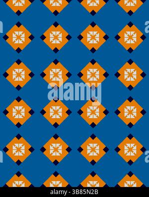 Un design géométrique coloré met en valeur des formes orange et crème disposées dans un motif répétitif sur un fond bleu. Banque D'Images