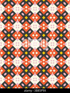 Un design géométrique lumineux et vibrant met en valeur des formes rouges, roses et jaunes dans une disposition symétrique sur un fond clair. Banque D'Images