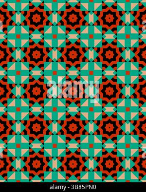Les formes turquoise et rouge forment un motif géométrique vibrant, créant un effet visuel saisissant sur une disposition de grille répétitive. Banque D'Images