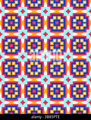 Les formes géométriques complexes forment un motif vivant, avec plusieurs couleurs et des motifs symétriques sur un fond blanc éclatant. Banque D'Images