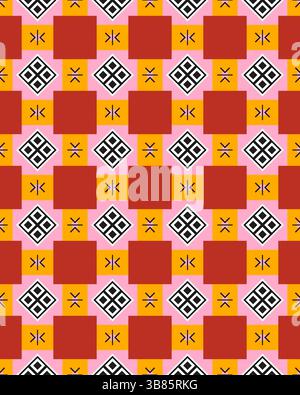 Un design géométrique vif présente un motif répétitif de carrés et de symboles dans des couleurs contrastées, créant un effet visuel frappant. Banque D'Images