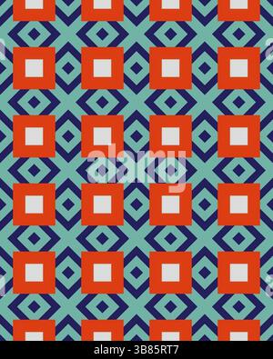 Ce design présente un motif géométrique complexe avec des formes répétitives, y compris des carrés rouges et des diamants bleus sertis sur un fond clair. Banque D'Images