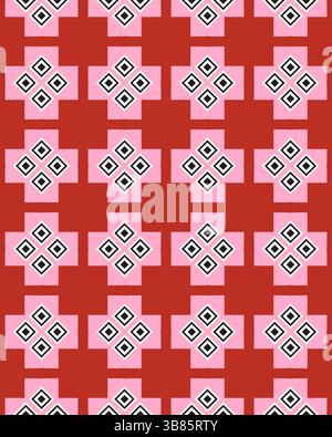 Le design complexe présente un motif géométrique vibrant avec des diamants et des croix dans des tons chauds sur un fond rouge riche. Banque D'Images