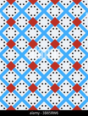 Un motif décoratif présente des formes bleues, rouges et noires disposées dans un motif géométrique répétitif sur un fond blanc. Banque D'Images