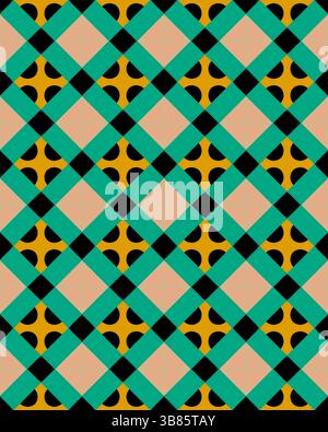 Un design géométrique lumineux met en valeur un motif de diamant répétitif avec des formes noires contrastées contre des couleurs pastel claires. Banque D'Images